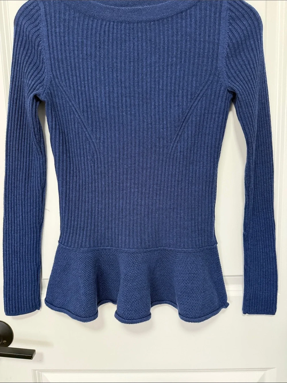 Tory Burch Blue Ramona Merino Wool Ribbed Peplum Sweater wide boat size Small